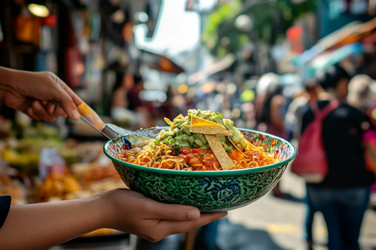 A Mexican street vendor serving a bowl of Mexican ramen with avocado, cilantro, and tortilla strips at a busy market stall.