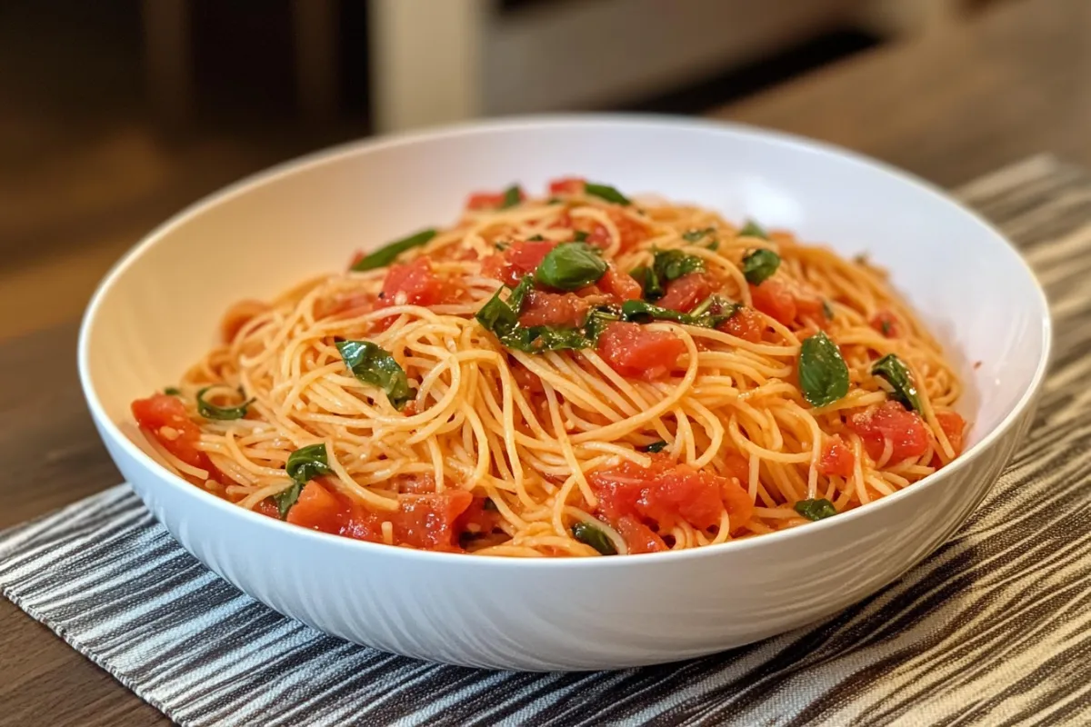 A bowl of Capellini Pomodoro with fresh tomatoes, garlic, and basil