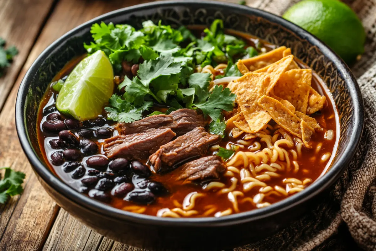  A bowl of Sonora ramen with beef, black beans, cilantro, and tortilla strips in a dark broth.