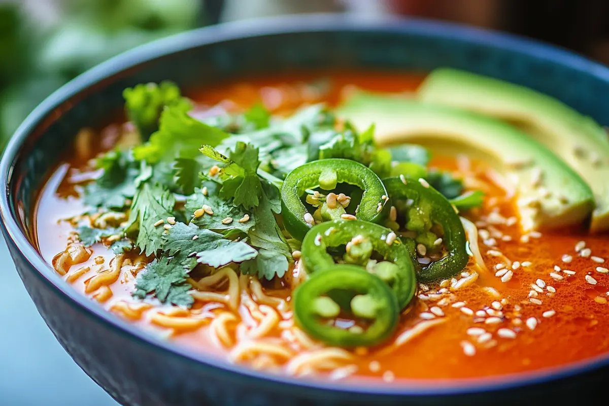  A bowl of Tijuana ramen with jalapeños, avocado, cilantro, and hot sauce in a spicy red broth.