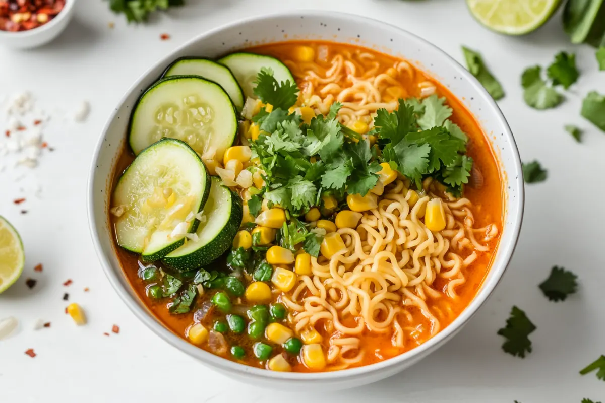  A bowl of vegetarian Mexican ramen with zucchini, corn, cilantro, and lime in a light broth.