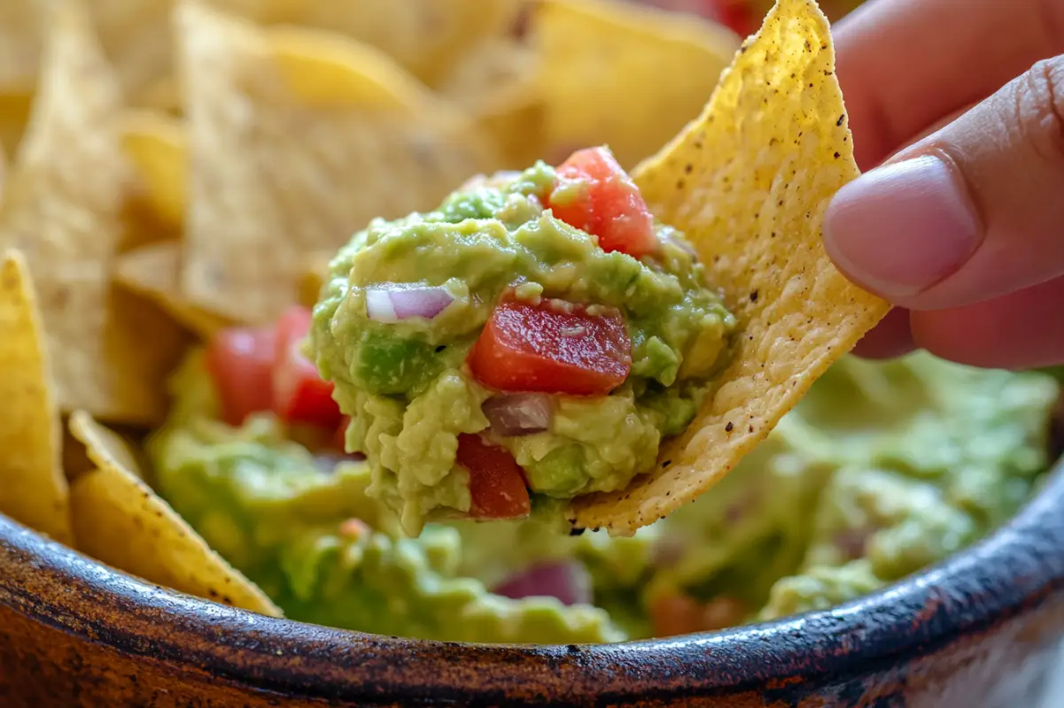 A close-up of a hand holding a tortilla chip with a scoop of chunky guacamole in one hand, while another hand dips a chip into a creamy avocado dip. The guacamole has visible chunks of avocado, tomatoes, and onions, while the avocado dip is smooth and glossy. The chips are lightly salted, and both dips are served in rustic ceramic bowls. The texture contrast between the two dips is clearly visible. amateur photo from reddit. taken with an iphone 15 pro. --ar 32