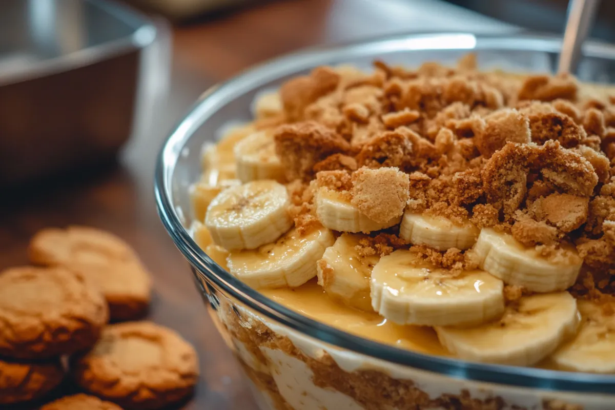 A close-up shot of a banana pudding dessert, featuring layers of graham crackers, sliced bananas, and smooth pudding. The graham crackers are lightly crumbled to add texture. The pudding is presented in an elegant, tall glass with a golden spoon beside it. In the background, you can see a blurred kitchen counter with banana peels and fresh cream ready to be served. The atmosphere is warm and inviting, hinting at a wholesome, satisfying dessert experience. --ar 3:2 