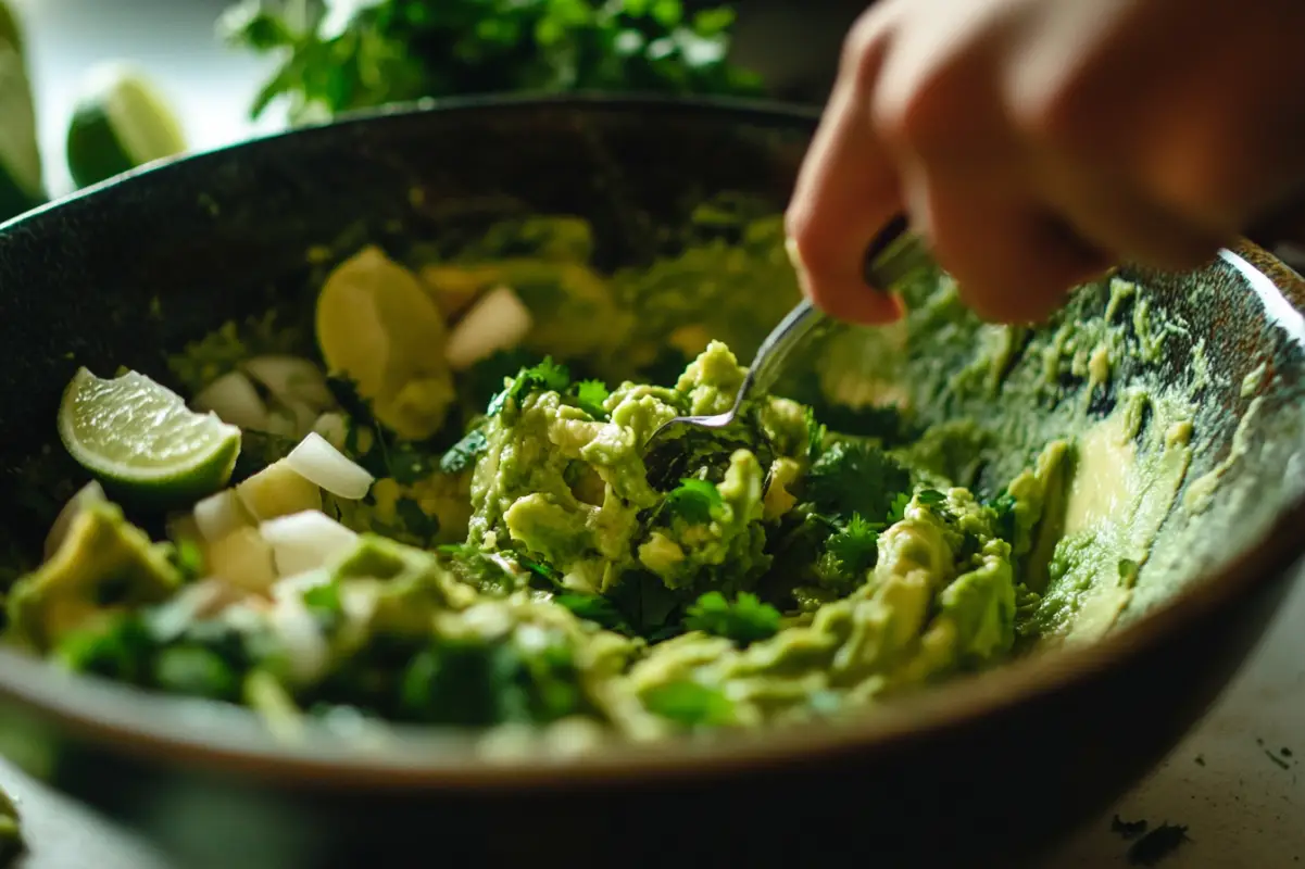 A close-up shot of someone mashing avocados in a large ceramic bowl with a fork. The avocado is over-mashed, resulting in a smooth, creamy consistency that lacks chunks. The person's hand is visible, holding the fork, with small amounts of cilantro and onion visible in the mix. The kitchen counter has a few lime wedges and chopped cilantro. The light is warm, giving the scene a cozy feel. Amateur photo from reddit. taken with an iPhone 15 Pro. --ar 32

