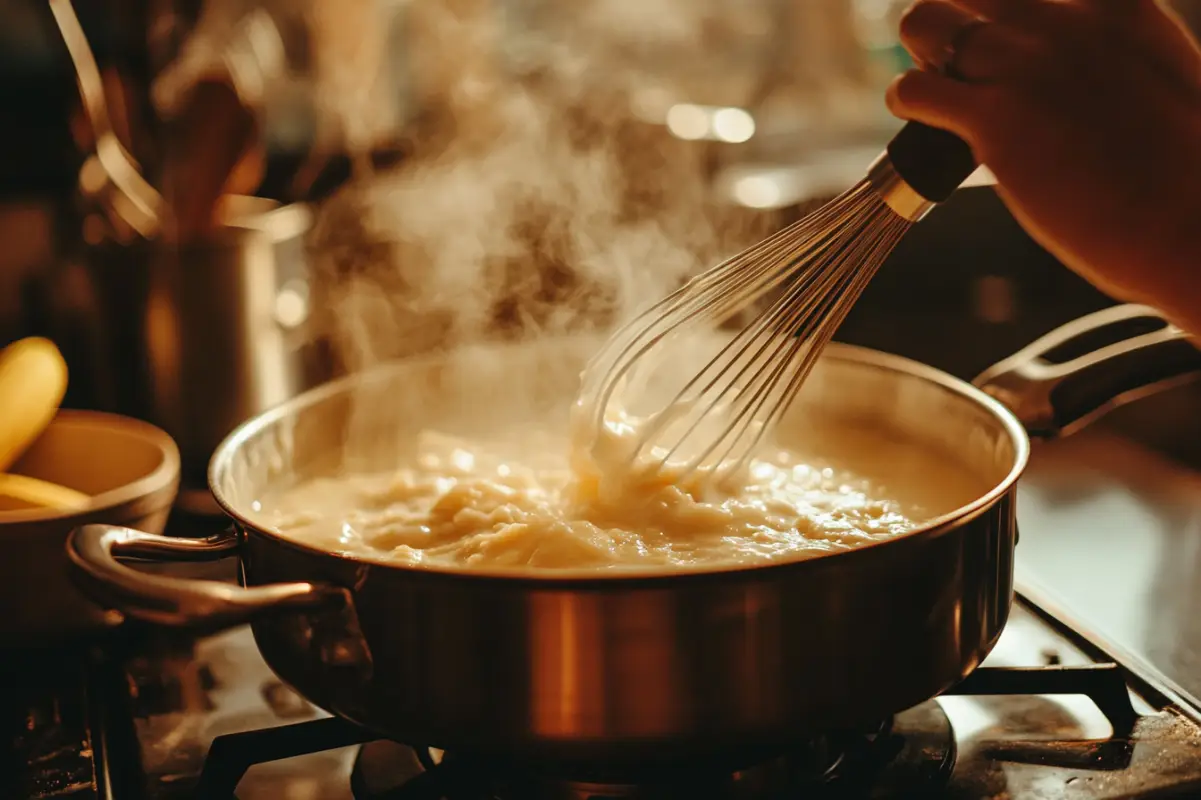 A hand whisking a pot of banana pudding on a stovetop. The pudding is visibly thickening, with steam rising. A small bowl of cornstarch slurry is visible nearby. The kitchen has warm, ambient lighting, and the focus is on the creamy texture of the pudding as it's being stirred. --ar 3:2
