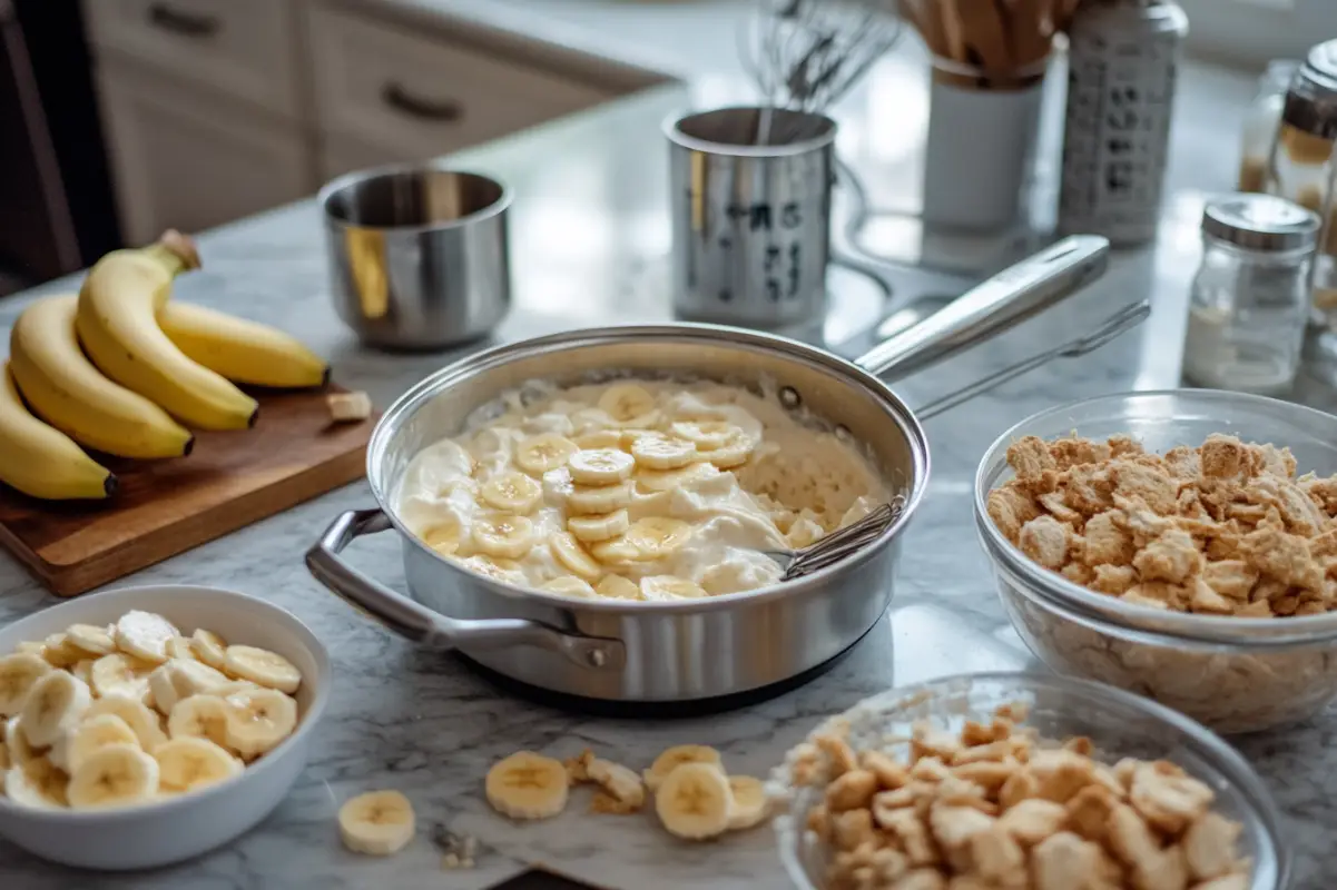 A kitchen counter scene showing the process of making banana pudding. A saucepan with creamy pudding, a bowl of sliced bananas, and a plate of crumbled graham crackers are visible. A whisk and measuring cups are scattered nearby. Bright, even lighting. Amateur photo from reddit. taken with an iphone 15 pro. --ar 3:2 