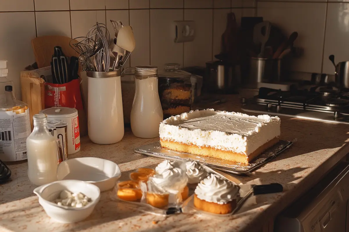  A kitchen counter with ingredients for tres leches cake: sponge cake,