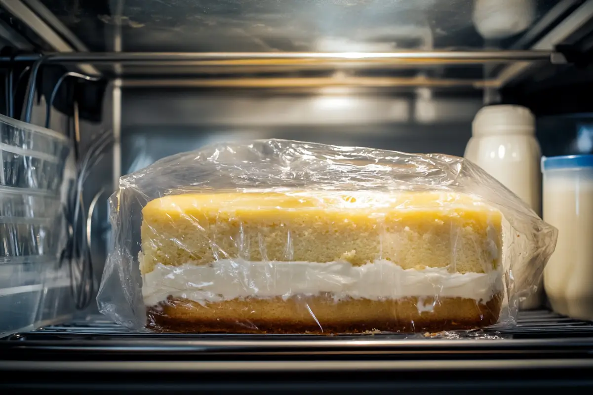 A kitchen scene showing a freshly baked Tres Leches cake resting in the refrigerator, covered lightly with plastic wrap. The cake looks perfectly moist, and the sponge cake is still firm, ensuring it won’t get soggy. The background shows kitchen items like milk cartons and a whisk, evoking the process of baking and preparing the dessert. Soft lighting from the refrigerator highlights the cake’s golden texture. --ar 3:2