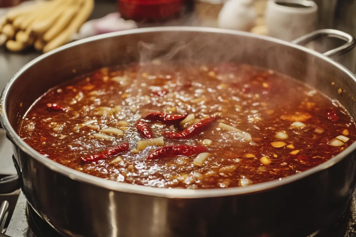 A pot of spicy Mexican ramen broth simmering with chili peppers, garlic, and tomatoes in a home kitchen. 