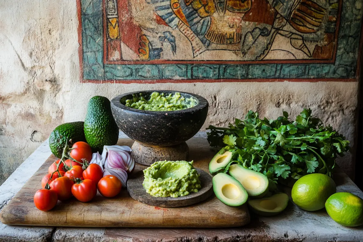 A rustic kitchen in Mexico, with fresh ingredients laid out for making guacamole. Avocados, lime, cilantro, onions, and tomatoes sit on a wooden cutting board. The background shows an Aztec-themed painting on the wall, connecting the scene to ancient traditions. A mortar and pestle with mashed avocados rests in the center, emphasizing the traditional preparation method. The natural light enters through a small window, giving a warm glow to the scene. The overall vibe is authentic and rustic, amateur photo from reddit, taken with an iPhone 15 Pro. --ar 32