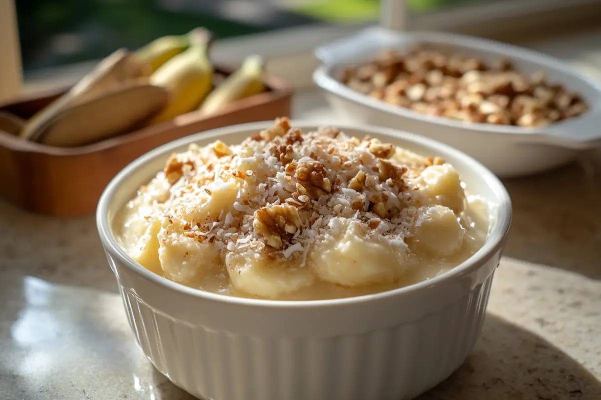 A serving of banana pudding in a white ceramic bowl, topped with a sprinkle of toasted coconut flakes and crushed walnuts. A small dish of additional nuts and coconut is visible in the background. Natural light from a kitchen window. Amateur photo from reddit. taken with an iphone 15 pro. --ar 3:2 