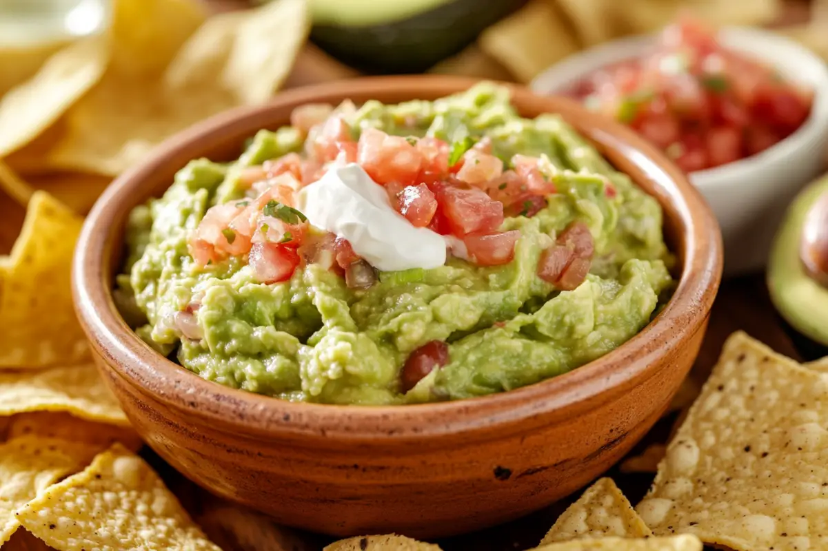 A smooth, creamy American guacamole dip in a ceramic bowl, placed at the center of a party table. Surrounding the bowl are different kinds of chips, ready for dipping. The guacamole is garnished with sour cream and garlic on the side. The texture looks creamy, contrasting with the chunkier salsa dip next to it. The lighting is soft and bright, making the guacamole look fresh and inviting, amateur photo from reddit, taken with an iPhone 15 Pro. --ar 3:2