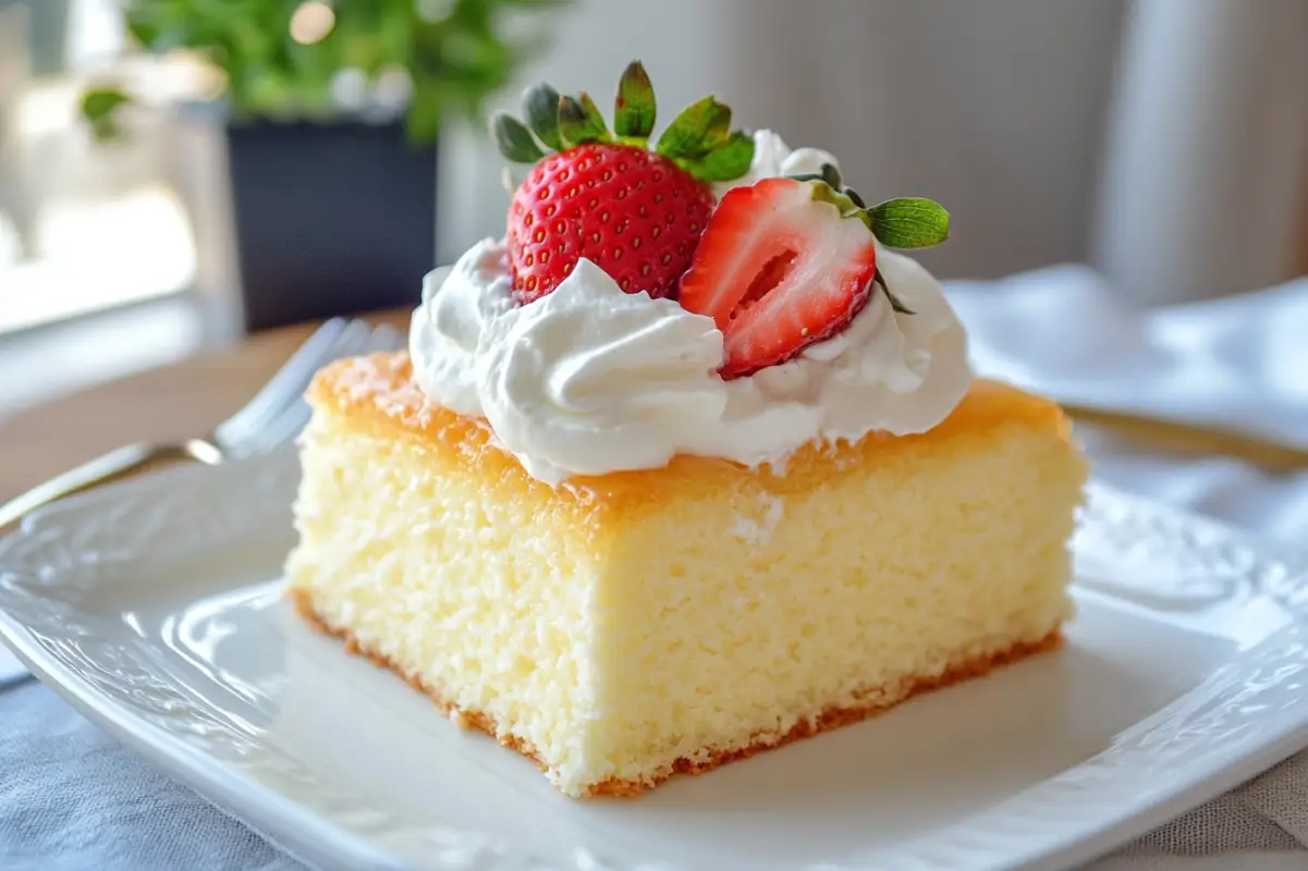 A table setting with three different variations of Tres Leches cake: traditional, chocolate, and coconut. Each slice on a separate colorful plate. Garnishes of cocoa powder, toasted coconut flakes, and fresh berries