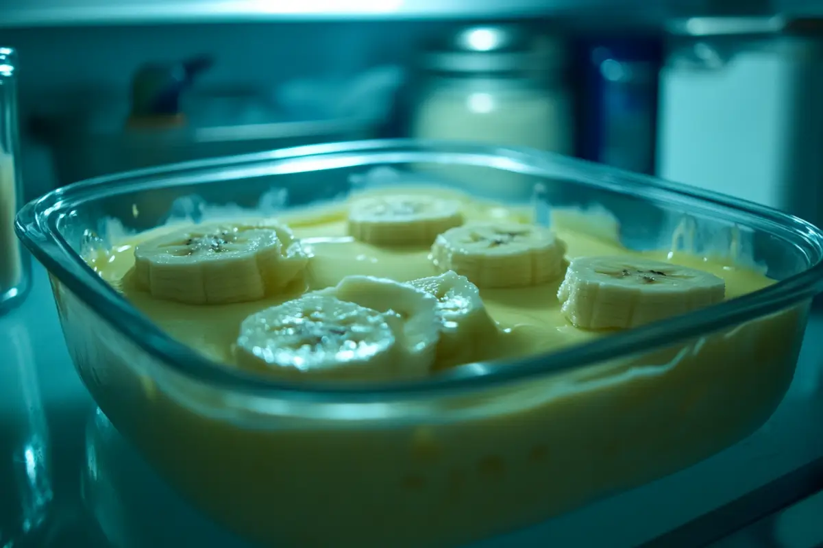 A time-lapse style image showing three stages of banana pudding setting in a clear glass dish. The first stage shows a runny consistency, the second partially set, and the third fully set and firm. The dish is in a refrigerator with the door slightly ajar, soft blue light emanating from inside. Kitchen items visible in the background. --ar 3:2