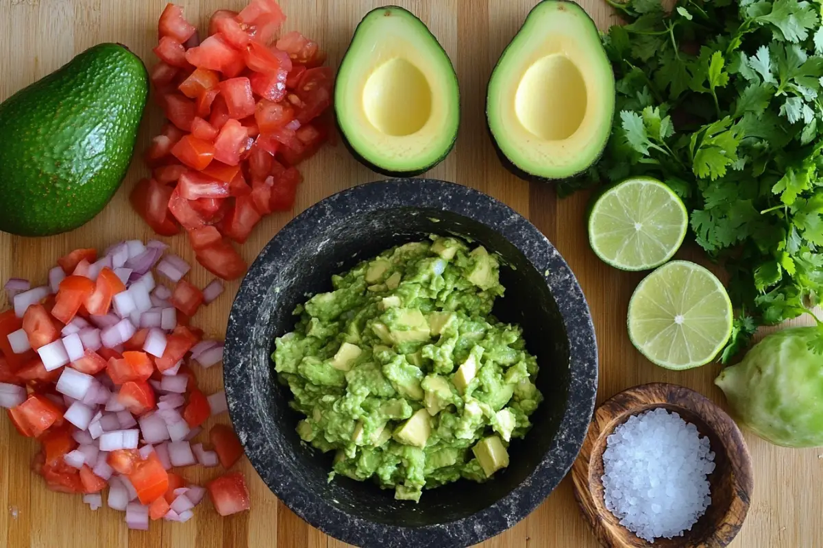 A top-down view of the ingredients for guacamole laid out neatly on a kitchen counter: ripe avocados, lime wedges, diced tomatoes, chopped onions, cilantro leaves, and a pinch of salt. The avocados are halved, with some already scooped into a traditional molcajete for mashing. The scene captures the moment before preparation begins, with the vibrant colors of the ingredients standing out against a clean wooden countertop. amateur photo from reddit. taken with an iphone 15 pro. --ar 3:2

