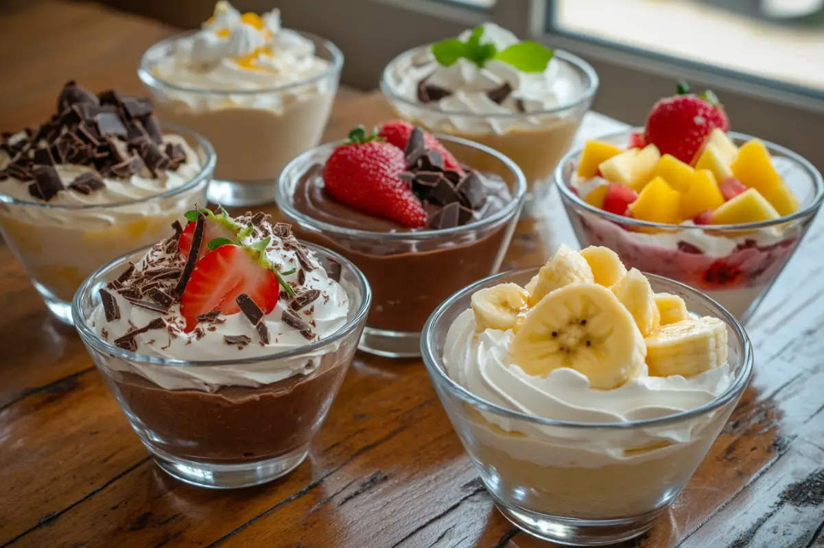 A variety of homemade pudding flavors displayed in small glass bowls, including chocolate pudding, vanilla pudding, and fruit-flavored options like strawberry and banana pudding. Each bowl is topped with different garnishes like fresh fruit, chocolate shavings, and whipped cream