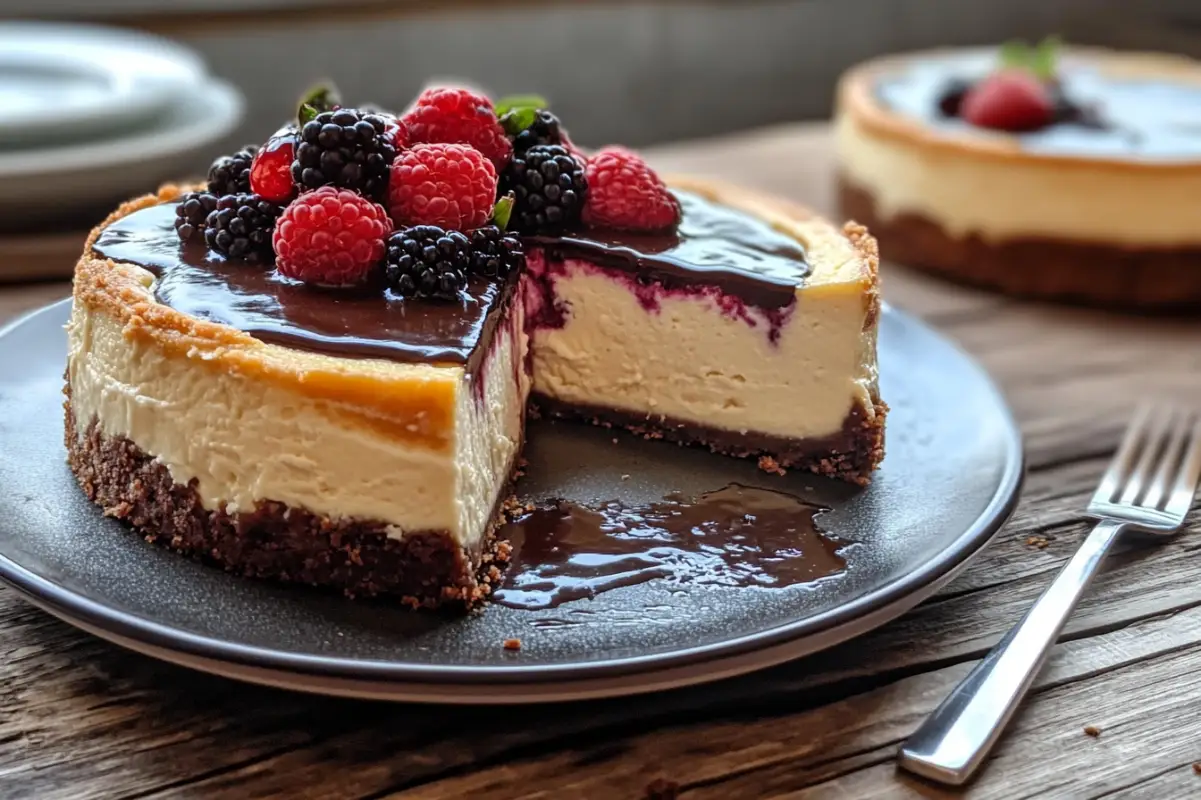 A visually appealing image of a classic cheesecake with a golden-brown crust, topped with fresh berries and a drizzle of chocolate ganache, showcasing the perfect blend of creamy texture and rich flavor.