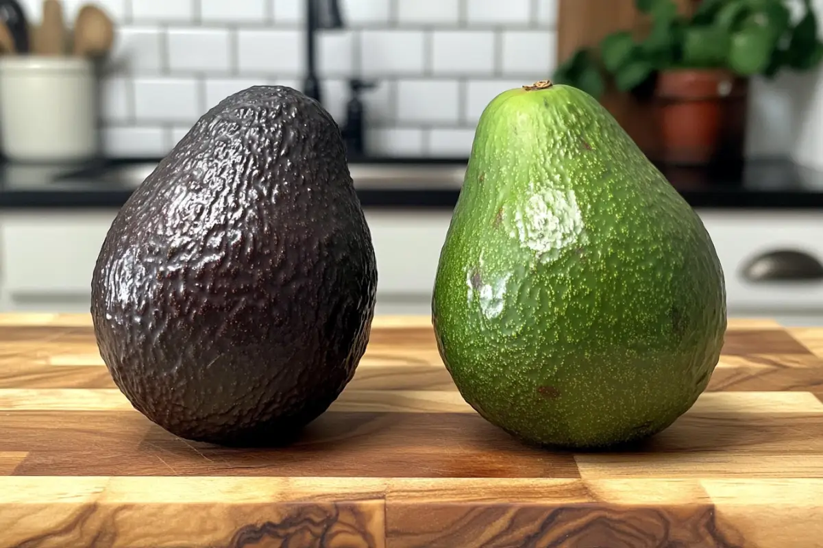 Amateur photo from Reddit of a market stall display featuring Hass and Florida avocados side by side. The Hass avocados are dark, small, and nubbly, while the Florida avocados are larger, lighter green, and smooth-skinned. A sign explains the differences in texture and use. Taken with an iPhone 15 Pro. --ar 3:2