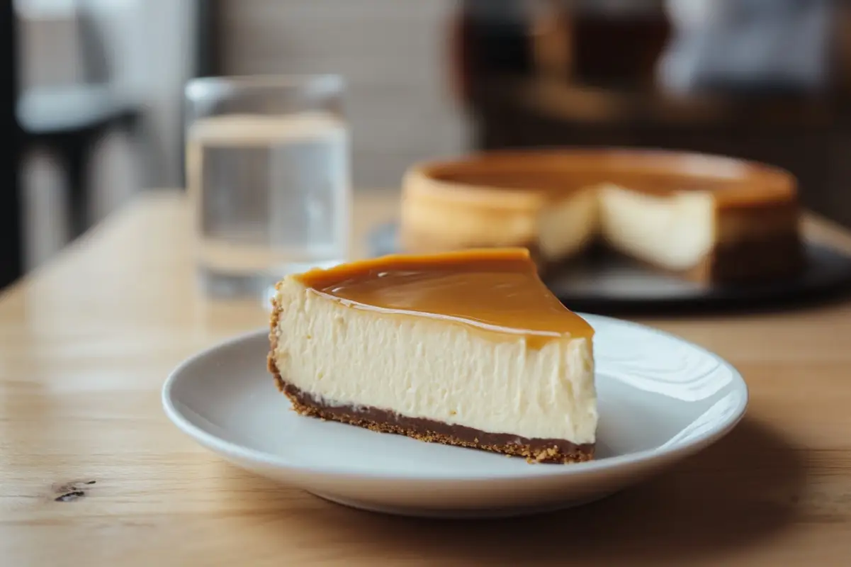 Amateur photo of a classic New York cheesecake slice on a white plate, topped with a light caramel drizzle. In the background, a variation of the cheesecake with a chocolate swirl can be seen. The setting is a simple dining table with a glass of water nearby, showing a homemade, casual dessert experience. --ar 3:2