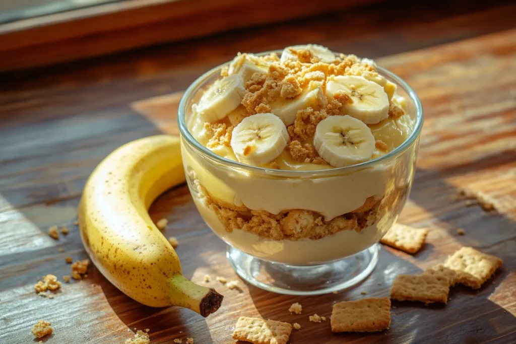 An amateur photo from Reddit of a homemade banana pudding dessert served in a clear glass trifle bowl, showcasing layers of creamy pudding, fresh banana slices, and crumbled graham crackers instead of wafers, taken with an iPhone 15 Pro. The background has a cozy kitchen feel with a wooden table and a hint of natural light. --ar 3:2