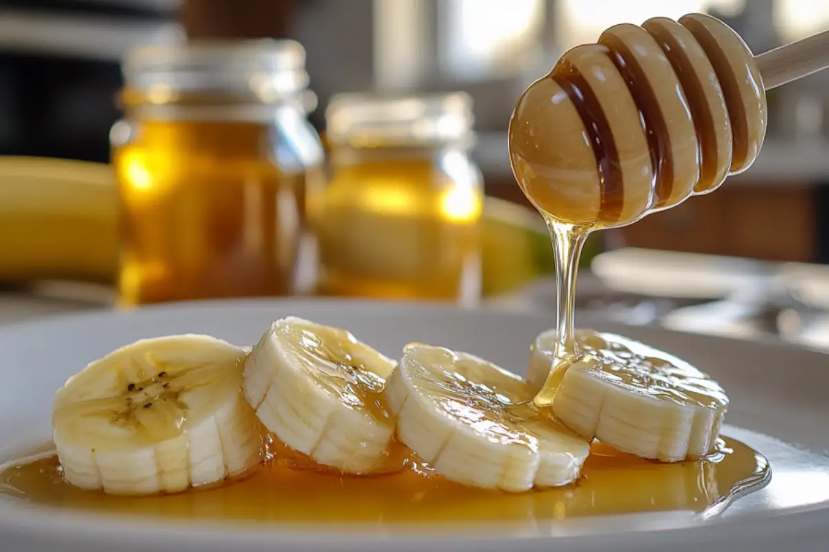 An amateur photo of banana slices being drizzled with golden honey. The bananas are on a clean white plate, with the honey forming a shiny, protective layer over the fresh slices to prevent browning. 