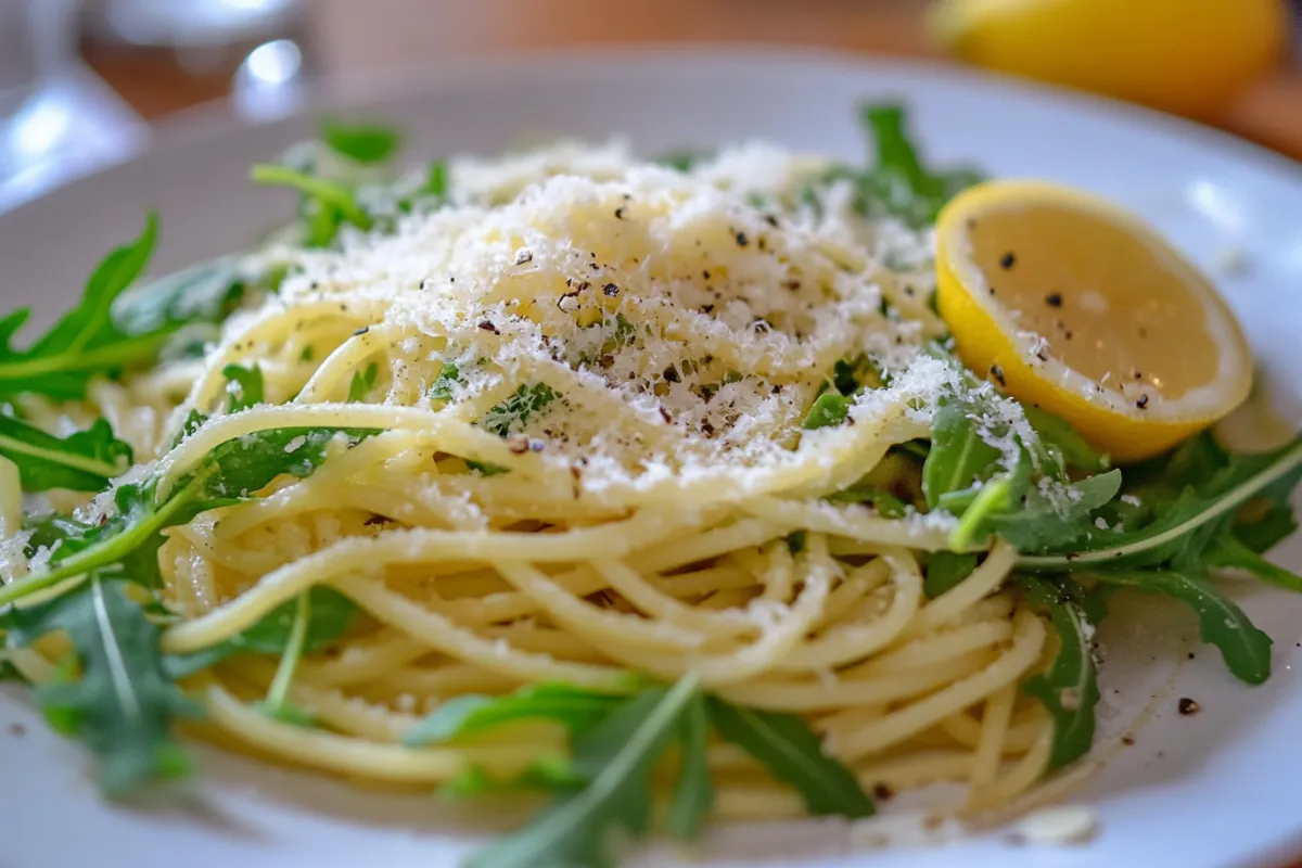 An arugula salad with lemon dressing and Parmesan next to Capellini pasta