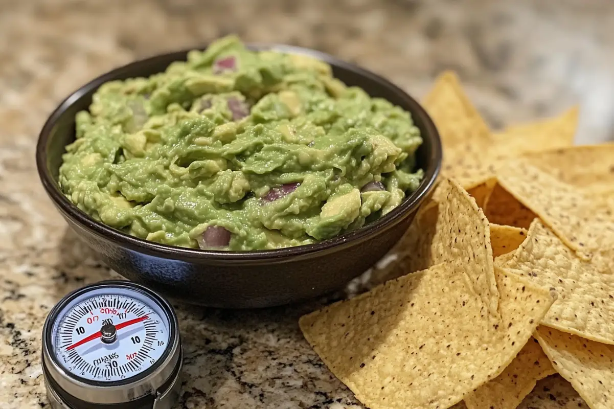 An image of a serving bowl of guacamole left on the counter with a thermometer beside it showing room temperature, to illustrate the ideal serving condition. A few tortilla chips are dipping into the guacamole to suggest it's ready to eat. Amateur photo from Reddit, taken with an iPhone 15 Pro. --ar 3:2