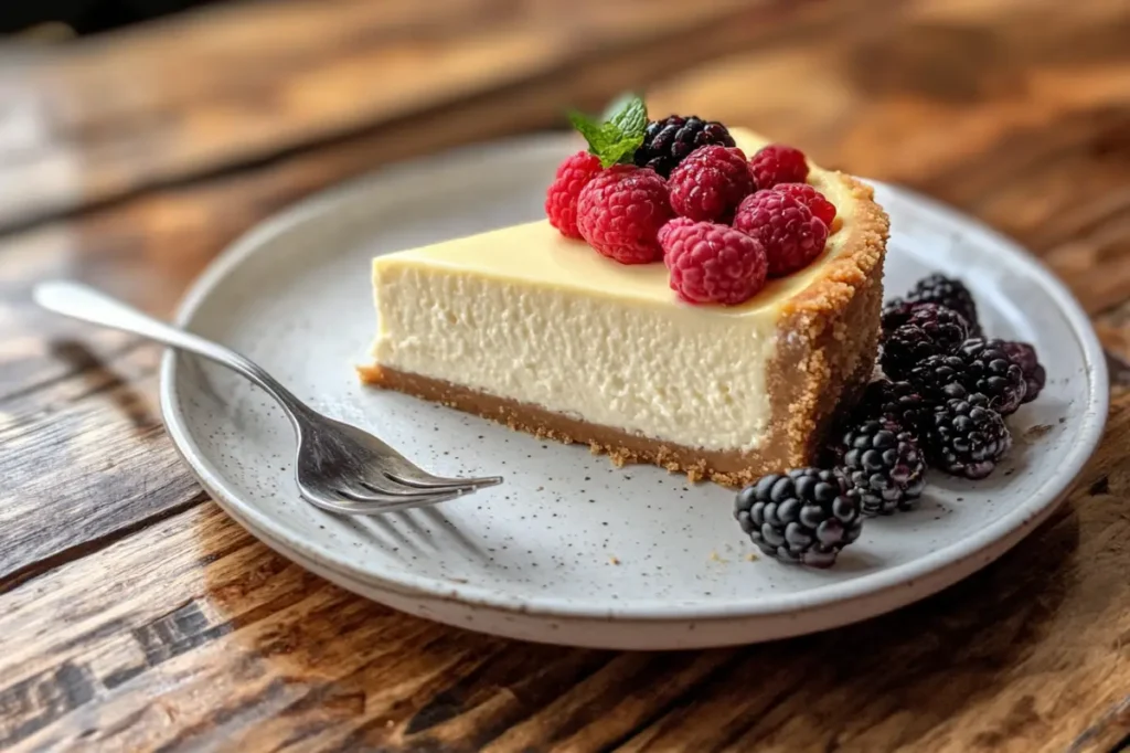 A creamy and smooth light Philadelphia cheesecake topped with fruit compote, showcasing the lighter and healthier alternative to traditional cheesecake.