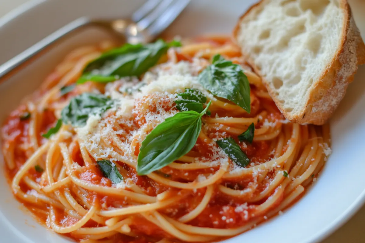 Capellini al pomodoro served with fresh tomato sauce, basil, and Parmesan cheese on a white plate