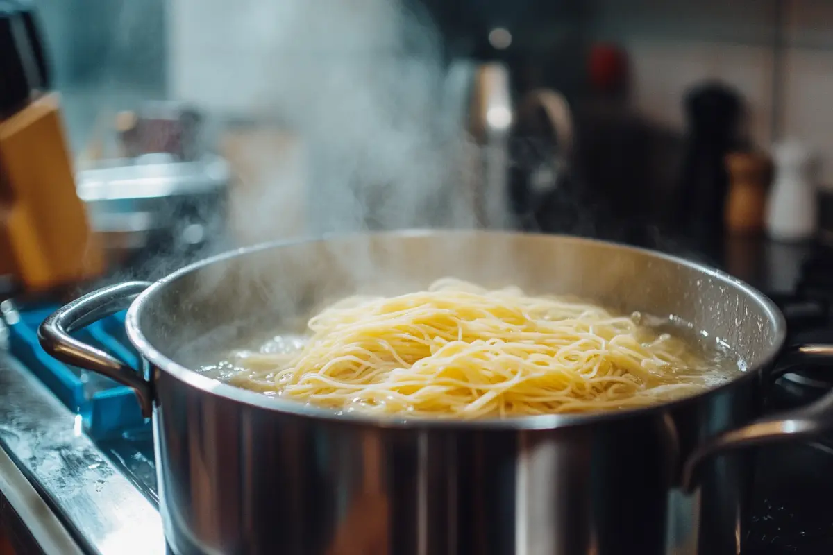 Capellini pasta being added to a pot of boiling water with steam rising.