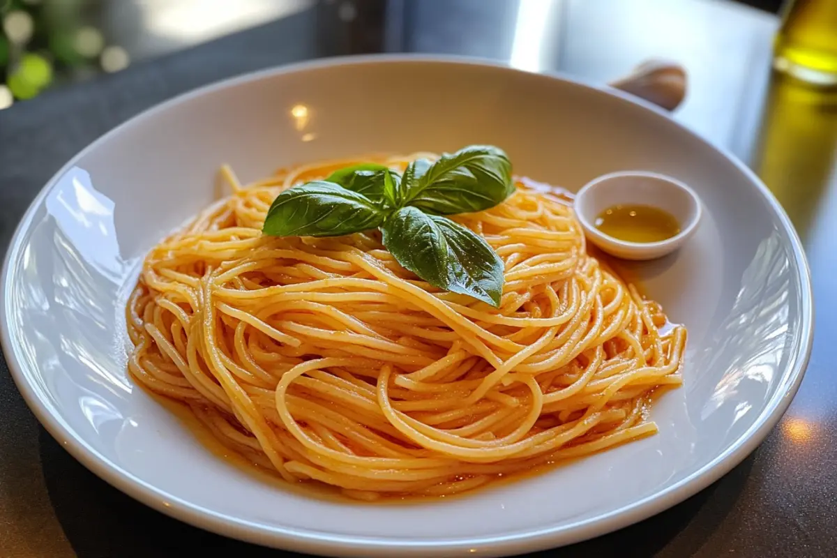 Capellini pasta with a fresh tomato sauce, garnished with basil, served alongside olive oil and garlic.