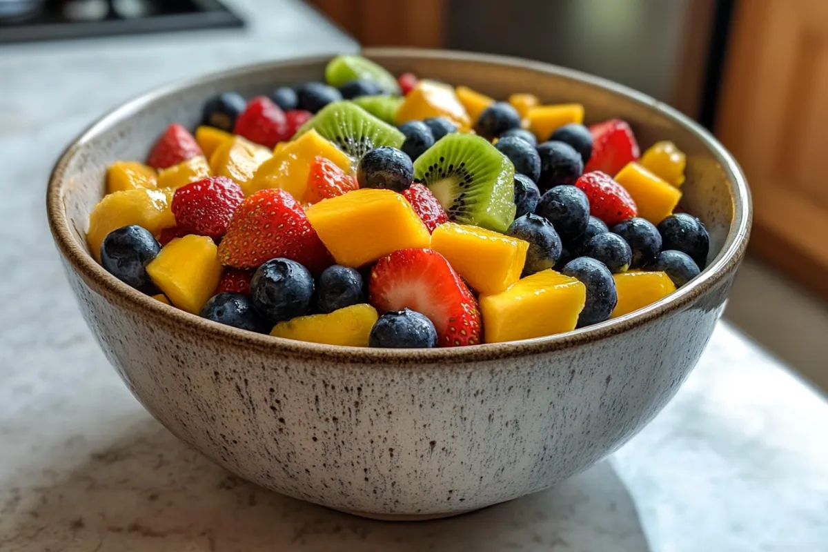 Ceramic salad bowl filled with a mix of fruits like mango, blueberries, kiwi, and strawberries, adding elegance to the presentation.