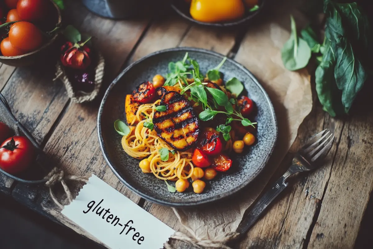 Chickpea pasta served with grilled vegetables on a table with a gluten-free label.

