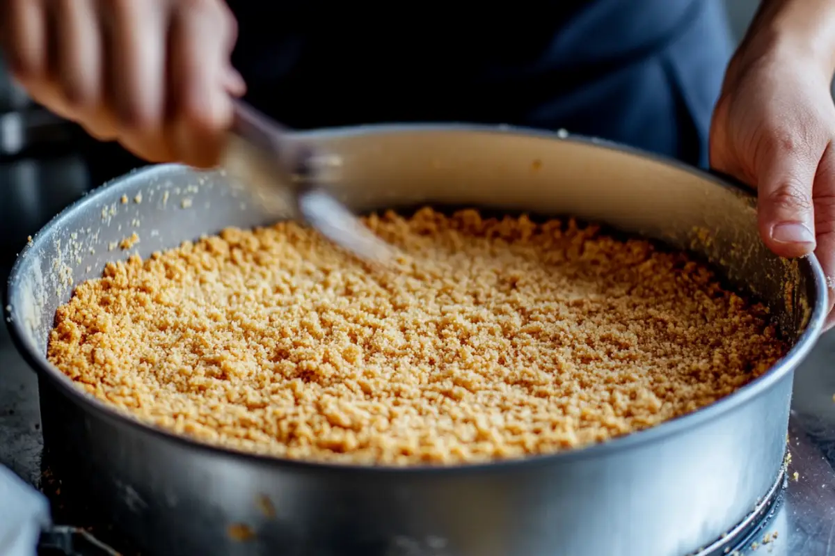 An amateur photo from Reddit. Taken with an iPhone 15 Pro. A hands-in-action shot of someone pressing crushed graham crackers mixed with melted butter into the bottom of a springform pan. The crust is golden and evenly distributed, while the person is using the back of a spoon to smooth it out. The scene captures the process of making the ideal cheesecake base. --ar 3:2

