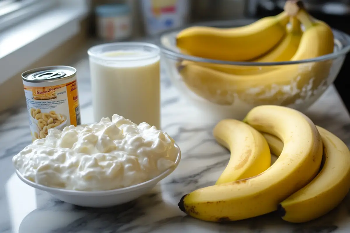 Close-up of ingredients for banana pudding: ripe bananas, whole milk, heavy cream, and a can of sweetened condensed milk. The items are arranged on a marble countertop with a mixing bowl in the background. Natural light from a nearby window illuminates the scene, emphasizing the creamy textures. --ar 3:2
