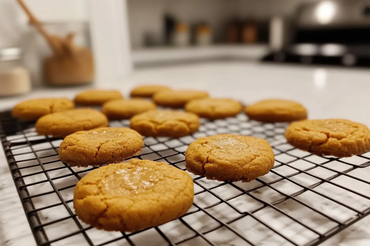 Freshly baked pumpkin cheesecake cookies cooling on a wire rack