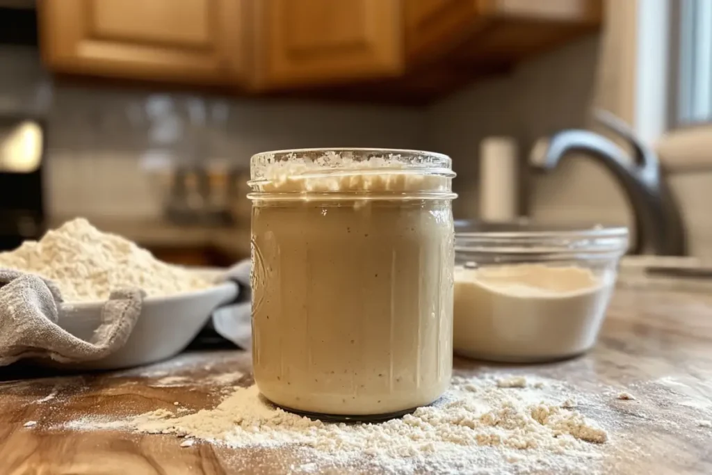 A glass jar filled with creamy beige sourdough discard placed on a wooden kitchen counter. The jar is slightly open, and you can see the thick, sticky texture of the discard. In the background, there’s a bowl of flour, a mixing spoon, and a kitchen towel. The scene looks like a home baking environment, with some flour dust on the counter, capturing the warmth and simplicity of baking at home