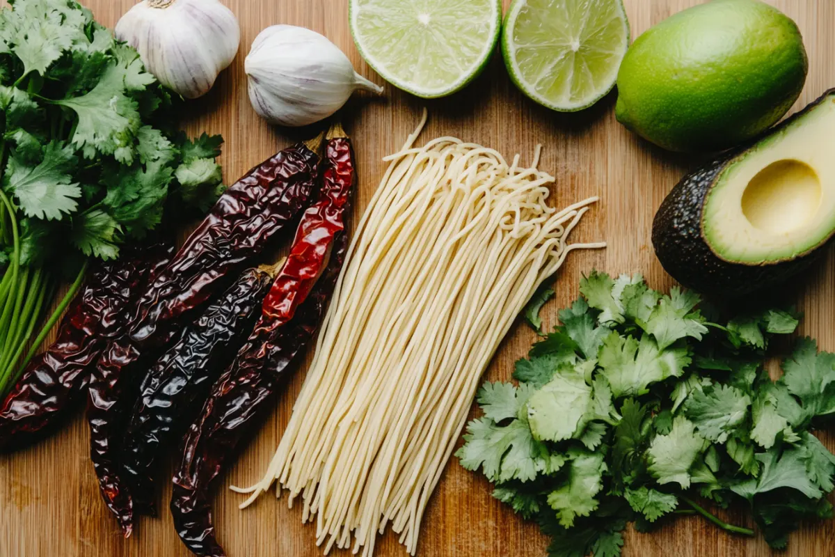  Ingredients for Mexican ramen including dried guajillo and ancho peppers, avocado, cilantro, garlic, lime, and ramen noodles arranged on a cutting board.