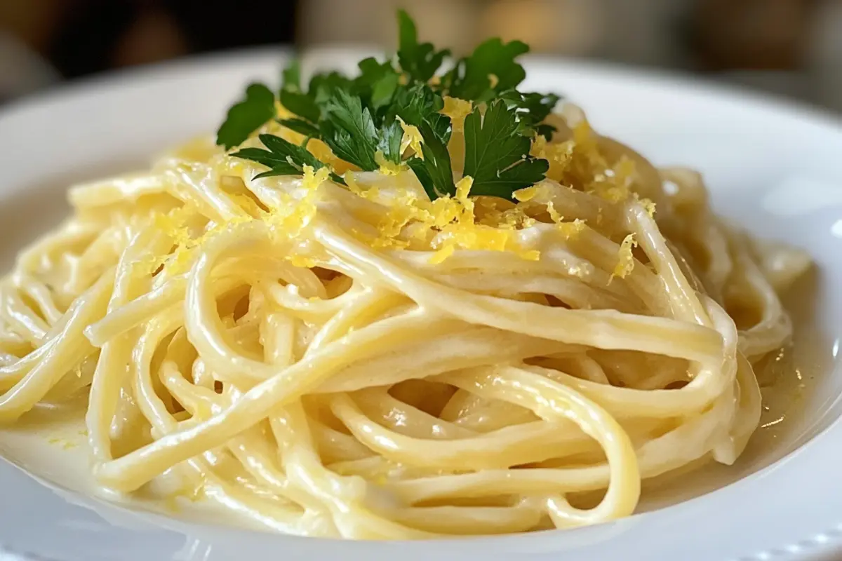 Lemon capellini pasta served with lemon zest and butter sauce, garnished with parsley