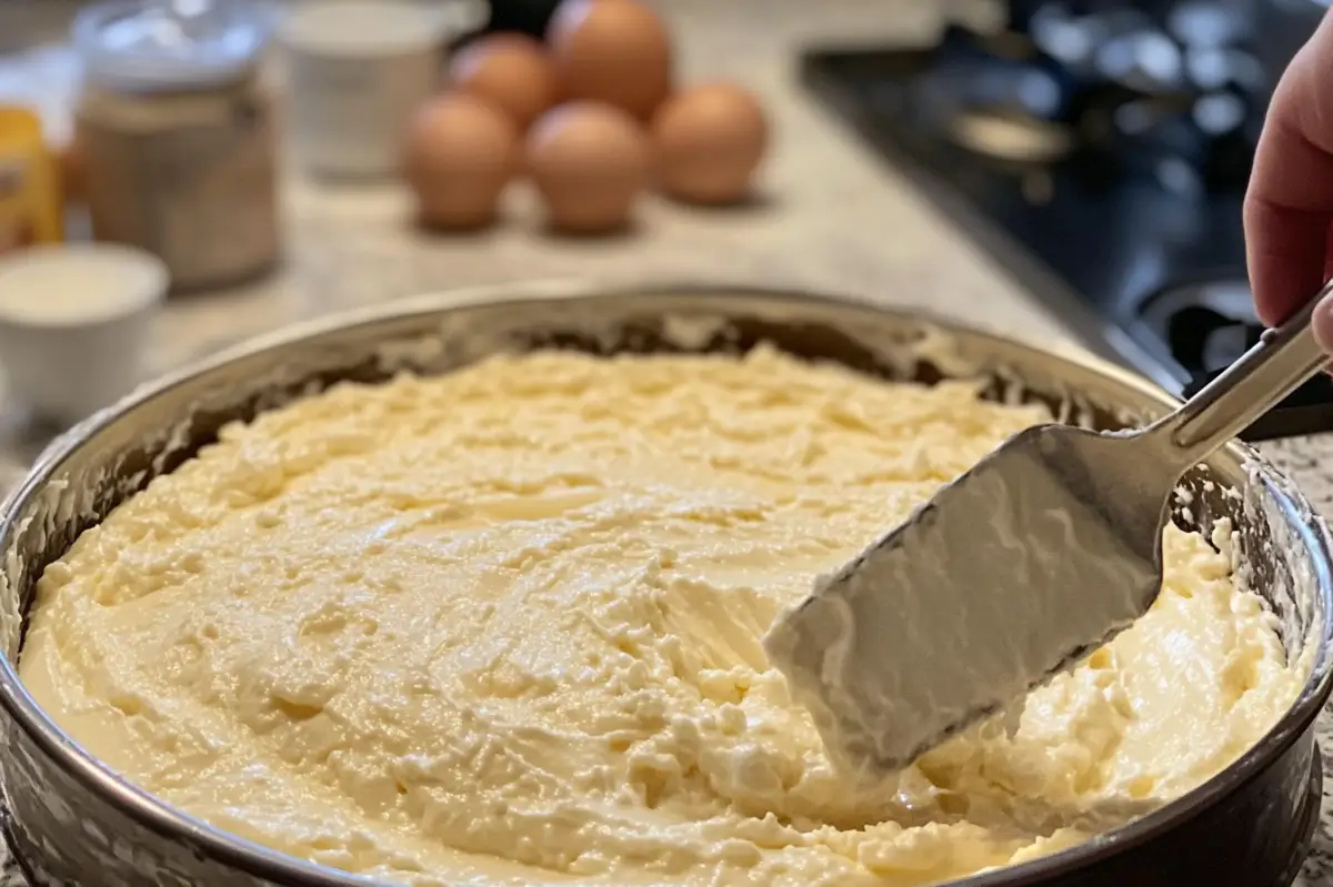  A mixing bowl filled with a smooth, creamy cheesecake batter. A hand is holding a spatula, gently folding the batter to avoid air bubbles. In the background, the ingredients (cream cheese, eggs, sugar) are scattered on the counter, showcasing the ongoing preparation process for the perfect cheesecake