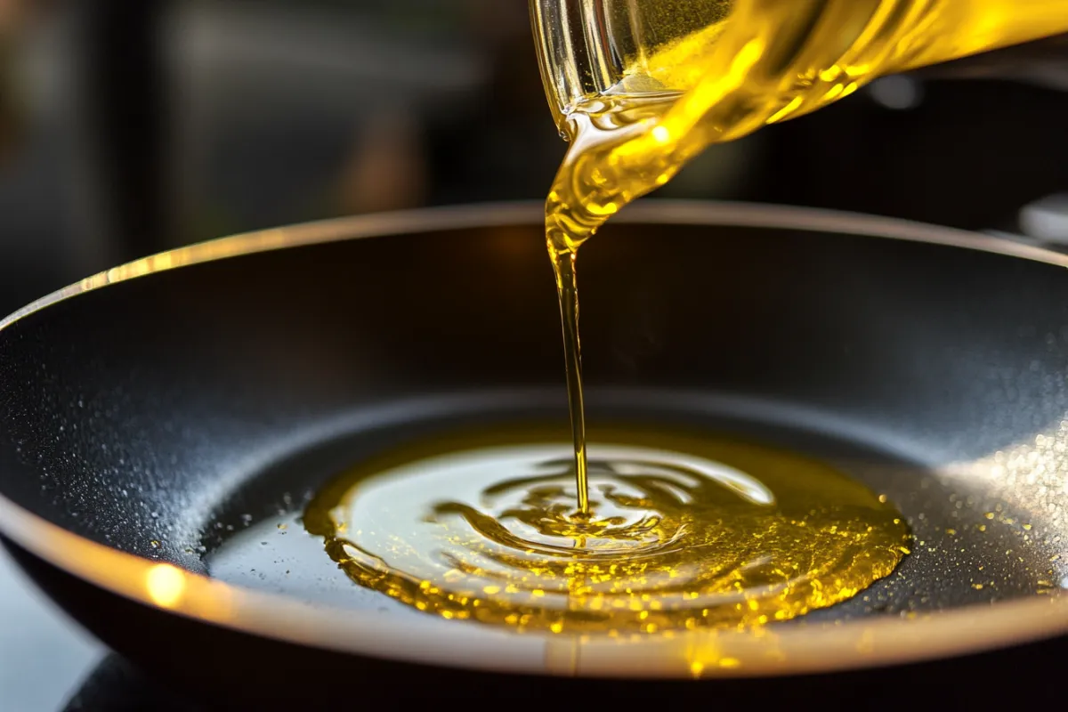 Pouring extra-virgin olive oil into a pan for cooking.