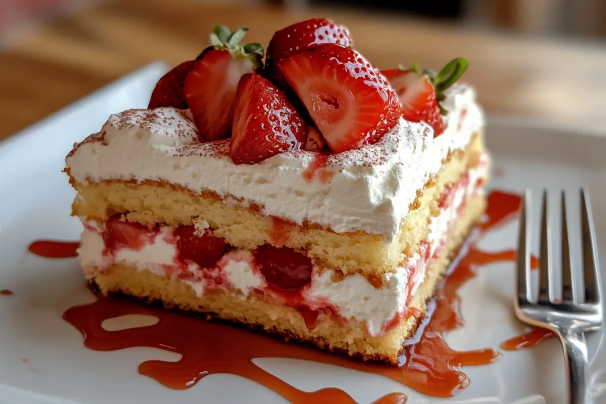 
A slice of Strawberry Tres Leches Cake on a white plate, fork beside it. The cake shows distinct layers of milk-soaked sponge, topped with a layer of whipped cream and fresh strawberry slices. A few drops of strawberry syrup artfully drizzled around the plate. Warm, inviting lighting as if in a cozy dining room. Amateur photo from reddit. Taken with an iphone 15 pro. --ar 3:2