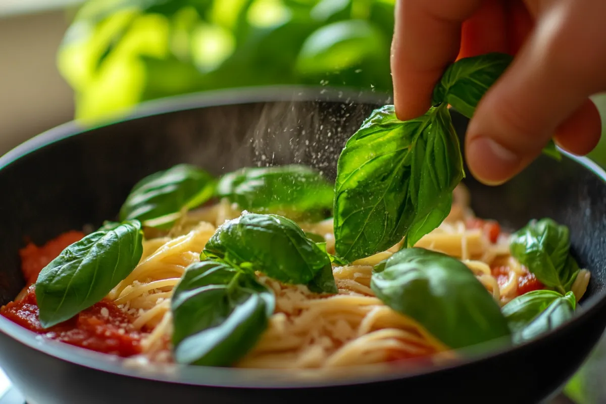 Tearing fresh basil leaves to garnish Capellini Pomodoro