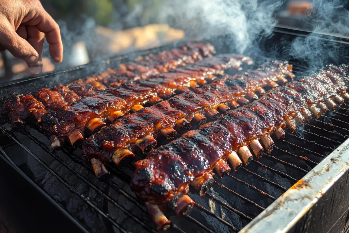 A smoker with Dino ribs inside, the ribs are halfway through the smoking process, glistening with juices. Smoke is rising, and the ribs have a deep brown, caramelized exterior. A hand is adjusting the smoker, and BBQ tools lie nearby. The setting is outdoors