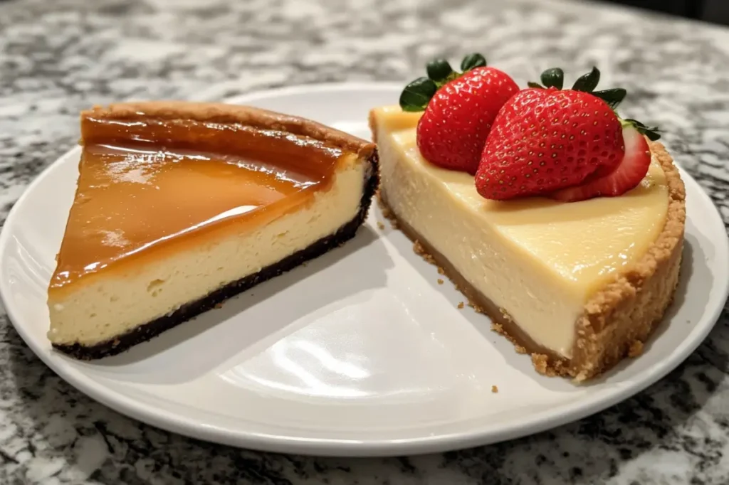 The image shows a slice of New York cheesecake, known for its rich, dense texture, alongside a lighter, fluffier slice of Philadelphia cheesecake, emphasizing the visual difference between these two popular cheesecake styles