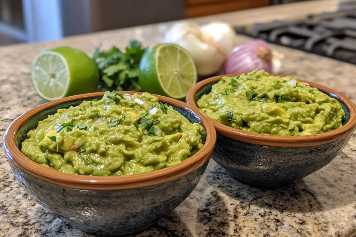 Two identical bowls of freshly made guacamole side by side on a kitchen counter. One bowl has a clock showing 15 minutes has passed, while the other has just been made. The bowl that has rested shows a slightly darker, more cohesive appearance. Ingredients like lime, cilantro, and onions are visible nearby. Amateur photo from reddit. Taken with an iPhone 15 pro. --ar 3:2