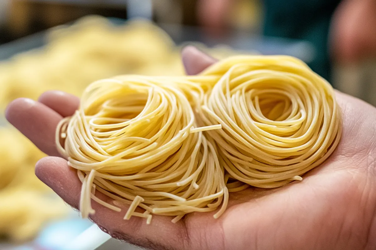 Uncooked Capellini pasta coils held in a hand, displaying their thin strands.