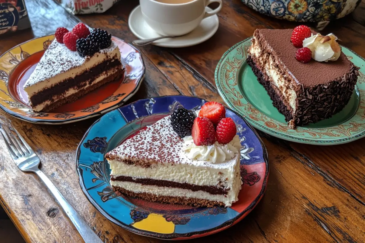 A table setting with three different variations of Tres Leches cake: traditional, chocolate, and coconut. Each slice on a separate colorful plate. Garnishes of cocoa powder, toasted coconut flakes, and fresh berries