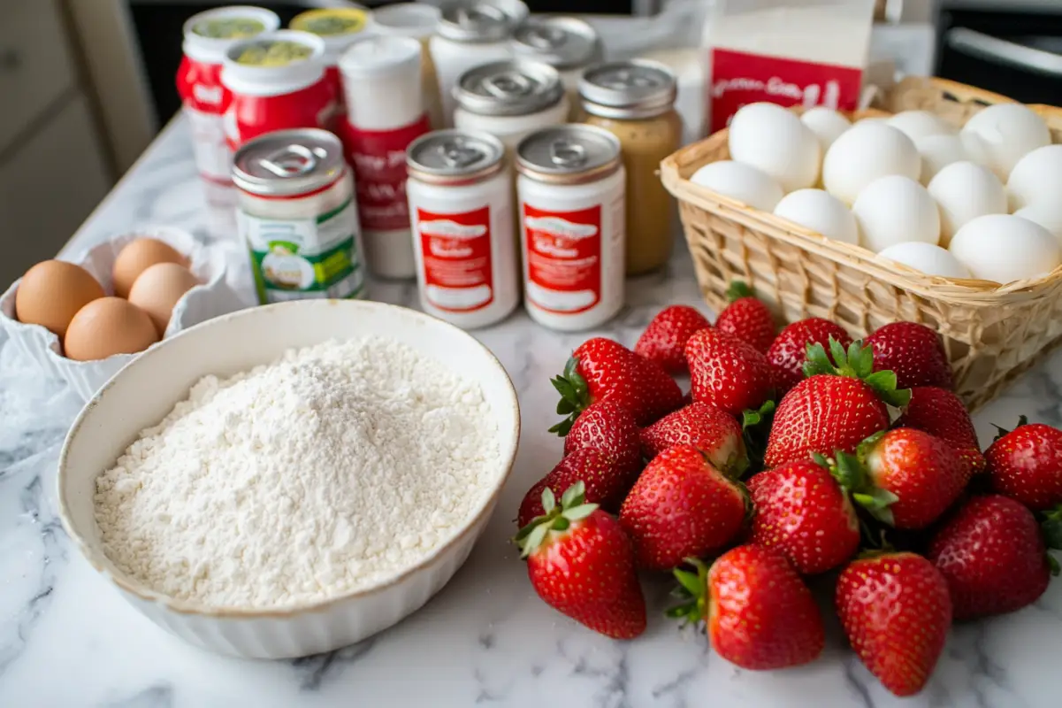 
Close-up of ingredients for Strawberry Tres Leches Cake laid out on a marble countertop. Visible items include flour, baking powder, eggs, sugar, vanilla extract, cans of evaporated and condensed milk, a carton of heavy cream, and a basket of fresh, ripe strawberries