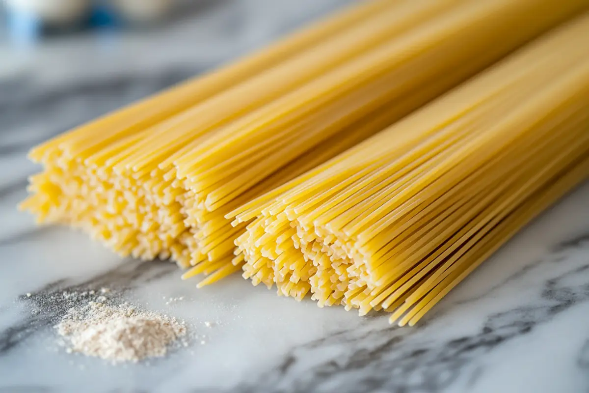 Uncooked capellini pasta bundles on a marble countertop with semolina grains.